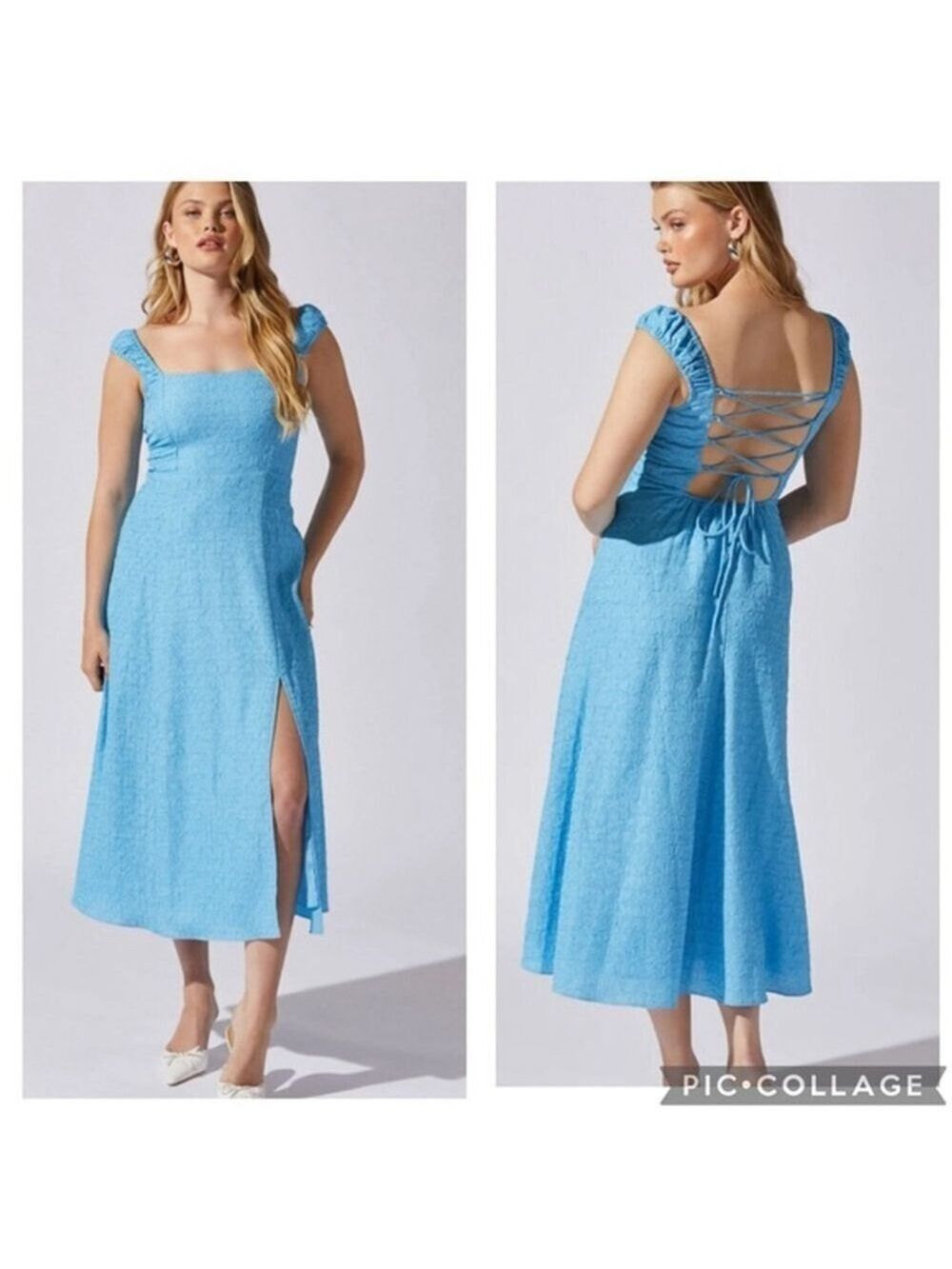 Women's ASTR The Label Blue Textured Lace-Up Back Midi Dress S